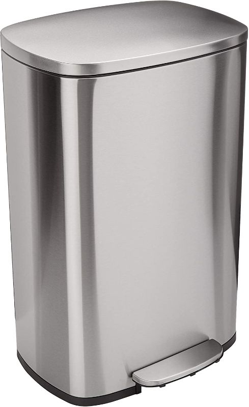 Photo 1 of Amazon Basics 50 Liter / 13.2 Gallon Soft-Close, Smudge Resistant Trash Can with Foot Pedal - Brushed Stainless Steel, Satin Nickel Finish. DAMAGED. 
