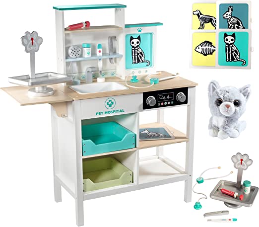 Photo 1 of Vet Center Pretend Pet Hospital Playset - Wooden Animal Interactive Medical Checkup Set with Toy Cat, X-Ray Cards, Stethoscope & Veterinarian Medical Accessories, Fun Doctor Role Play Gift for Kids
