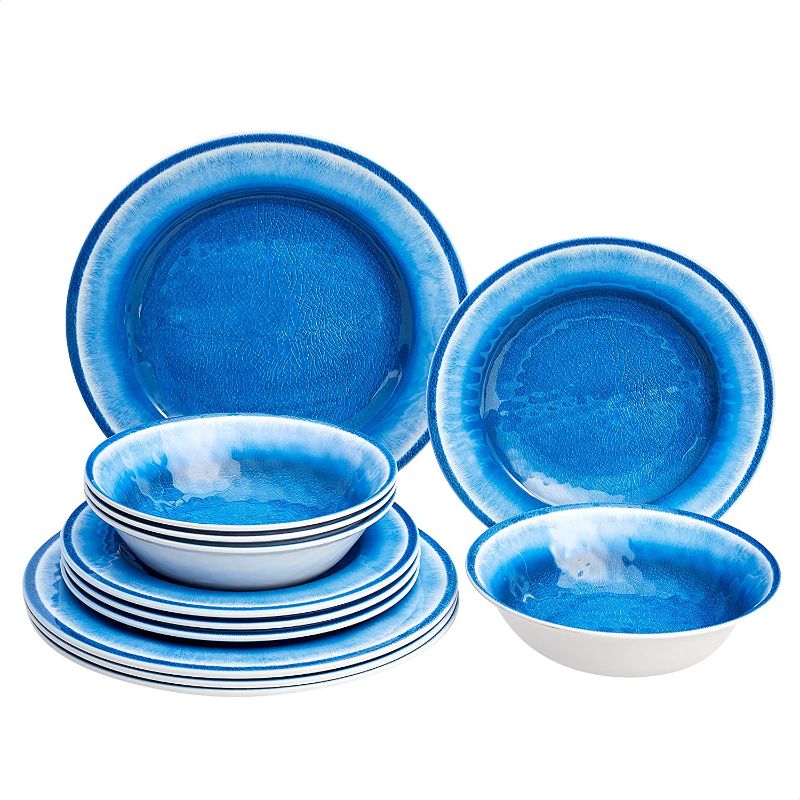 Photo 1 of Amazon Basics 12-Piece Melamine Dinnerware Set - Service for 4, Blue Crackle Glaze
