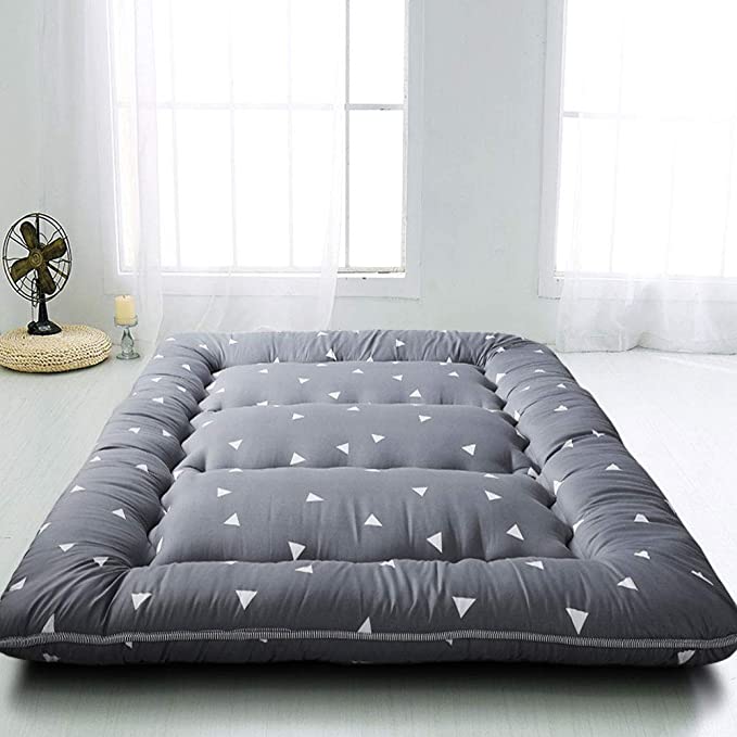 Photo 1 of  Grey Triangle Japanese Floor Futon Mattress, Tatami Floor Mat Portable Camping Mattress Kids Sleeping Pad Foldable Roll Up Floor Lounger Pillow Bed Full Size with Mattress Protector Cover
