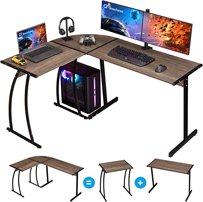 Photo 1 of GreenForest L Shaped Gaming Computer Desk 58.1 inch, L-Shape Corner Gaming Table, Writing Studying PC Laptop Workstation 3-Piece for Home Office Bedroom, Dark Walnut
