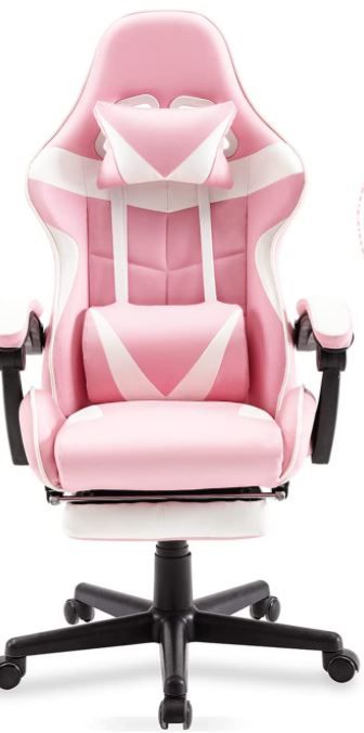 Photo 1 of Soontrans Gaming Chairs Pink with Footrest,Lovely Computer Game Chair,Desk Chair for Granddaughter,Sister,Girlfriend,Wife and Love with Headrest,Lumbar Support Gamer Chair (Pink)
