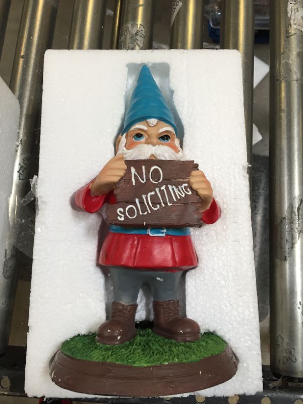 Photo 2 of GreenLighting No Soliciting Garden Gnome Outdoor Figurine with Sign - Hand Painted Funny Novelty Lawn Statue Decoration for Front Yards and Flowerbeds
