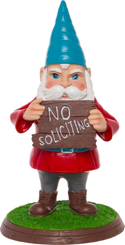 Photo 1 of GreenLighting No Soliciting Garden Gnome Outdoor Figurine with Sign - Hand Painted Funny Novelty Lawn Statue Decoration for Front Yards and Flowerbeds
