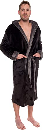 Photo 1 of Ross Michaels Mens Robe with Hood - Soft Warm 320 GSM Mid Length Bathrobe - Plush Shawl Collar Fleece Bath Robes for Men BLACK AND GRAY. SIZE XXL
