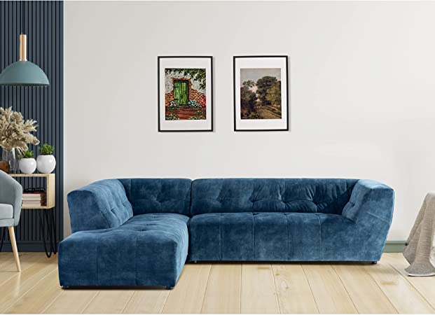 Photo 1 of Acanva Luxury Mid-Century Velvet Tufted Low Back Sofa Set L-Shape 2-Piece Living Room Couch, 113" W Left Hand Facing Sectional, Blue
