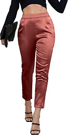 Photo 1 of heipeiwa Women's Satin Pants Dress Casual Pleated Pull on High Waist Pants with Pockets SMALL
