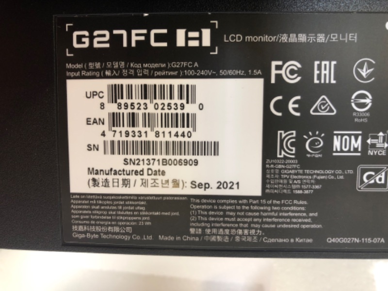 Photo 2 of GIGABYTE G27FC A (27" 165Hz 1080P Curved Gaming Monitor, 1920 x 1080 VA 1500R Display, 1ms (MPRT) Response Time, 91% DCI-P3, FreeSync Premium, 1x Display Port 1.2, 2x HDMI 1.4)
