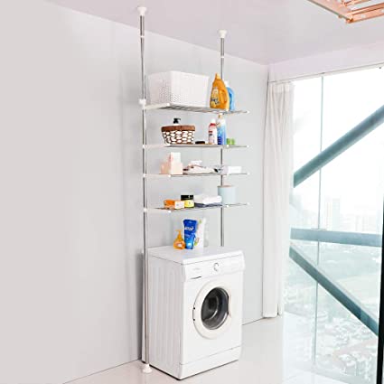 Photo 1 of Hershii 4 Tier Over The Toilet Storage Laundry Shelf Rack Bathroom Space Saver Double Tension Pole Standing Shelving Units Organizer Clothing Hanger Rods, Adjustable Height and Width
