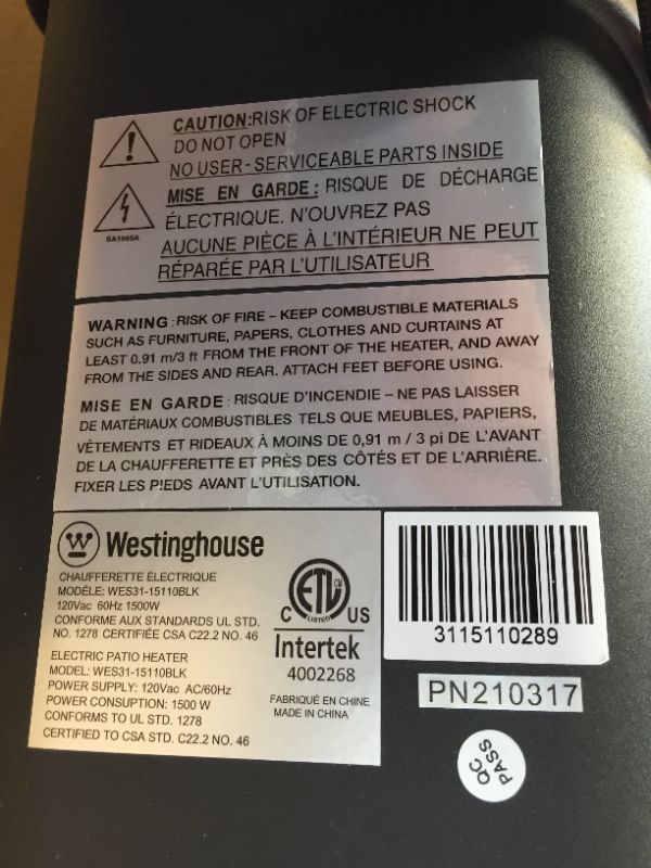 Photo 5 of Westinghouse Heater WES31-15110BLK