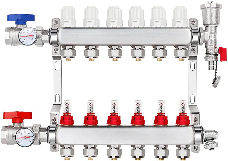 Photo 1 of 6-Port Radiant Floor Heating PEX Manifold,1/2" PEX Tubing Radiant Floor Heating Manifolld With Stainless Steel Kit
