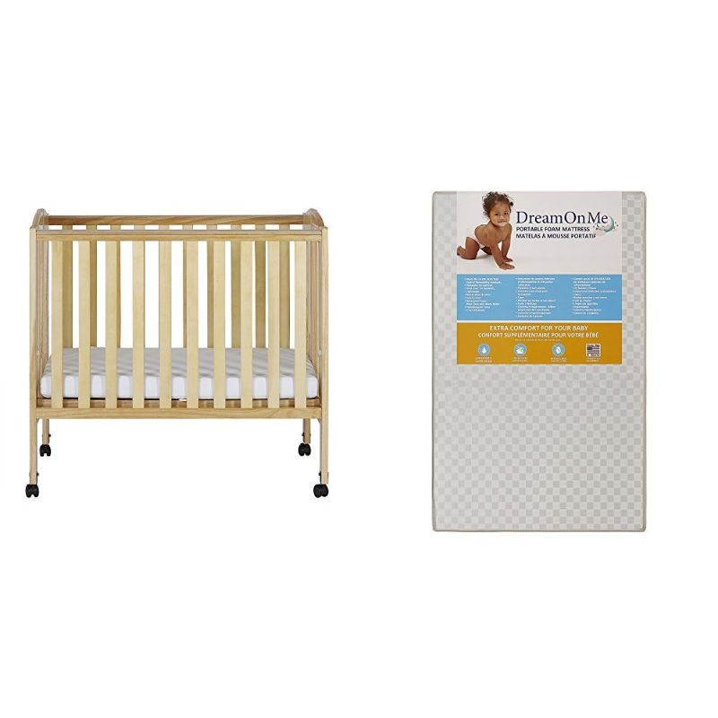 Photo 1 of Dream On Me 2 in 1 Portable Folding Stationary Side Crib with Dream On Me 3 Portable Crib Mattress, Natural
