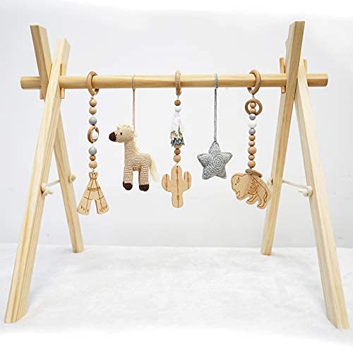 Photo 1 of Hello Pumpkin Baby Activity Center – 34 x 27 Inches Handmade Baby Play Gym with 5 Hanging Toys – Premium Untreated Beechwood and Cotton – Educational and Creative Learning Toy for Boys and Girls
