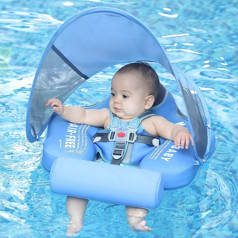 Photo 1 of Mambobaby Non Inflatable Swim Trainer Size Improved Add Tail Avoid Flip Over UPF 50+ Sun Canopy Baby Solid Swimming Pool Float
