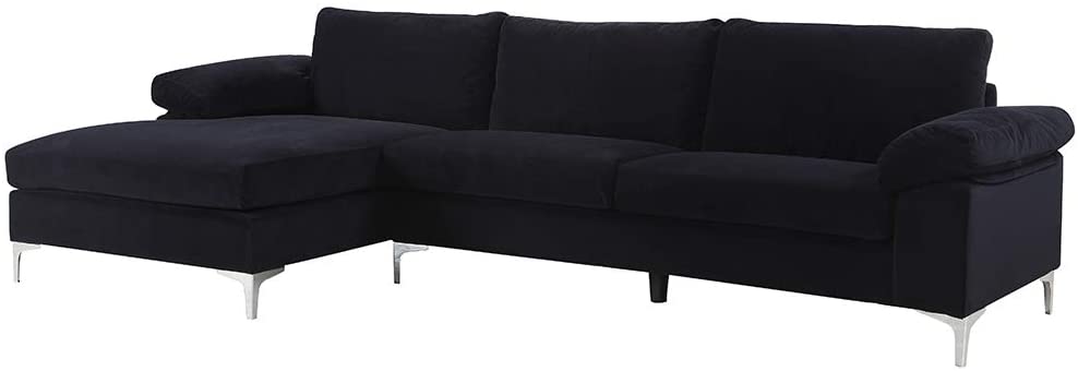 Photo 2 of Divano Roma Furniture Modern Large Velvet Fabric Sectional Sofa, L-Shape Couch with Extra Wide Chaise Lounge (Black)
