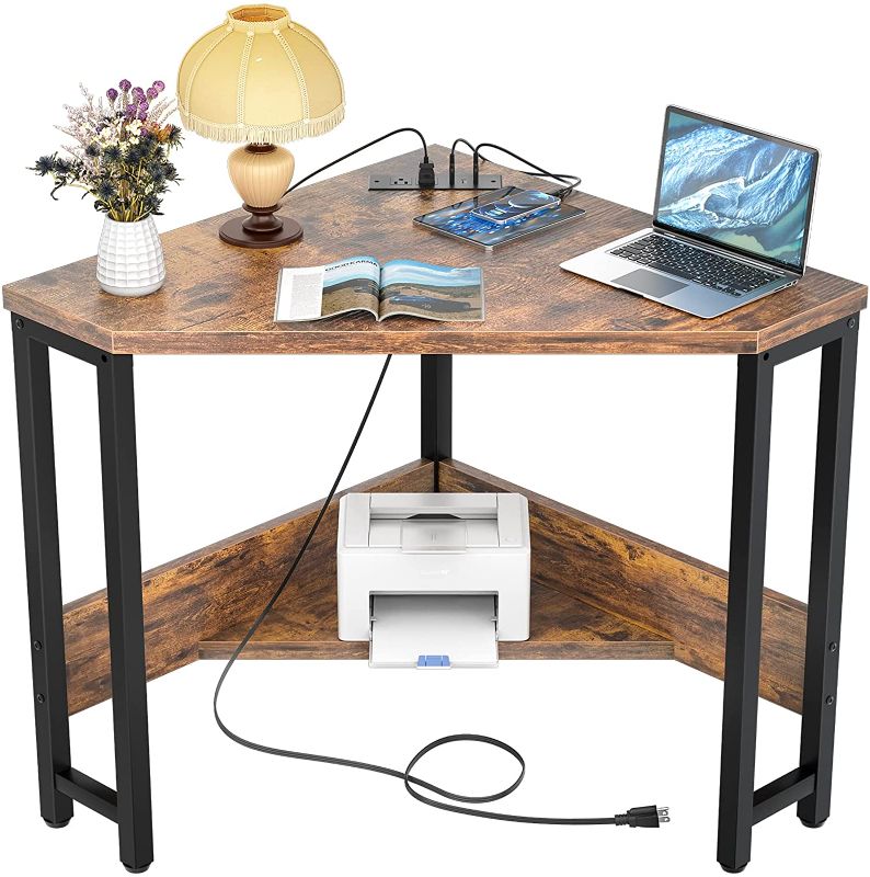 Photo 1 of Armocity Corner Desk Small Desk with Outlets Corner Table for Small Space Industrial Computer Desk with USB Ports Triangle Desk with Storage for Home Office, Workstation, Living Room, Bedroom, Rustic
