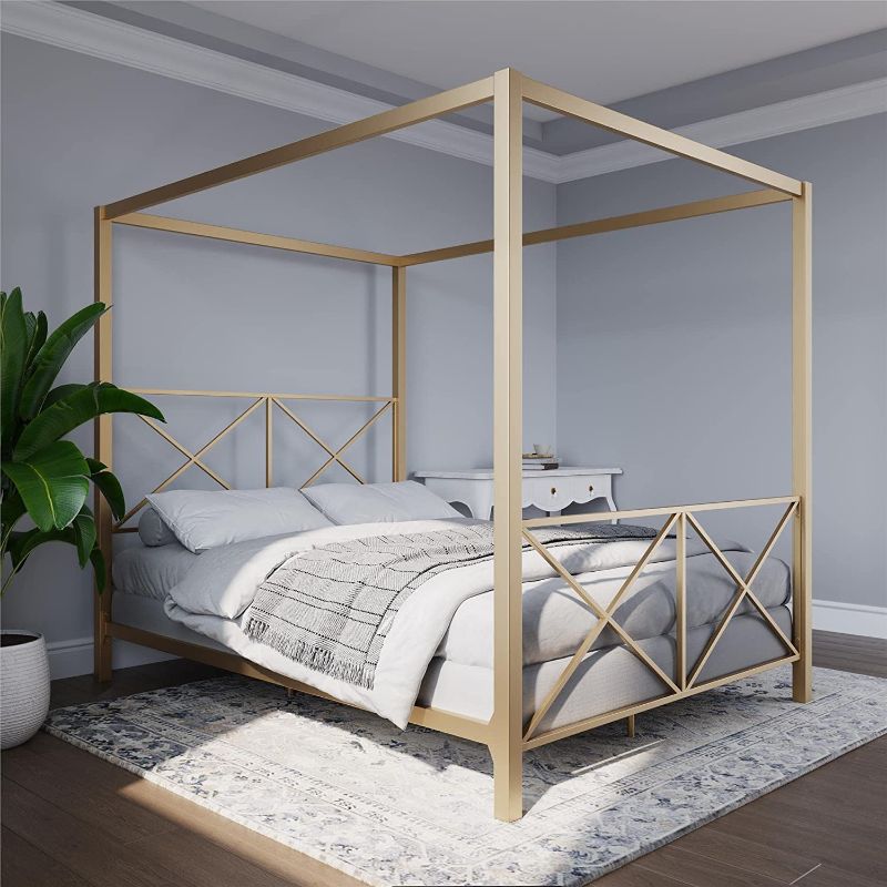 Photo 1 of DHP Rosedale Metal 4 Poster Canopy Bed with Crisscross Headboard and Footboard - Queen (Gold)
