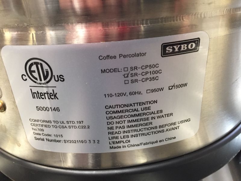 Photo 7 of SYBO 2021 Upgrade SR-CP100C Commercial Grade Stainless Steel Percolate Coffee Maker Hot Water Urn 110-Cup Capacity for Catering, 110-CUP 16 L, Metallic
