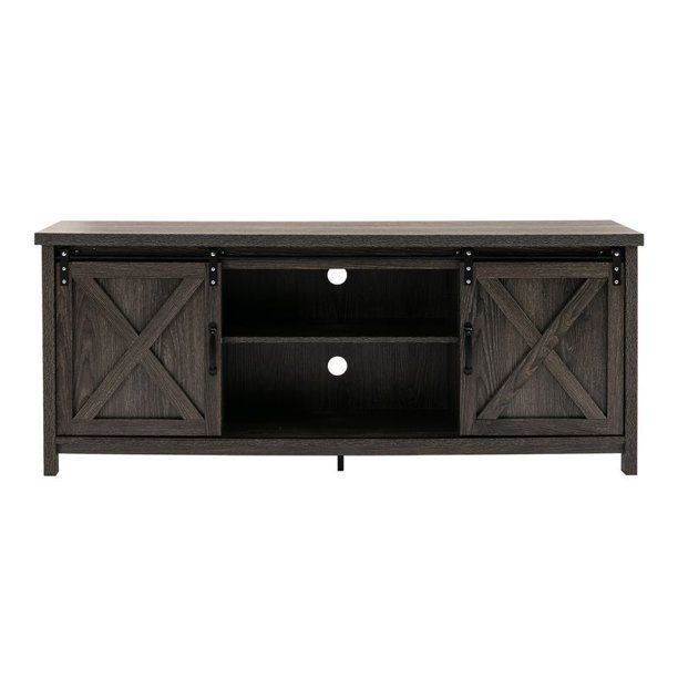 Photo 1 of 58" Wood TV Stand for TVs up to 65" with Sliding Wood Barn Door Media Console Storage Cabinet(Dark Gray)

