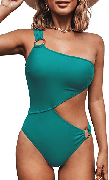 Photo 1 of CUPSHE Women's Teal One Shoulder Cutout O Ring One Piece Swimsuit size M
