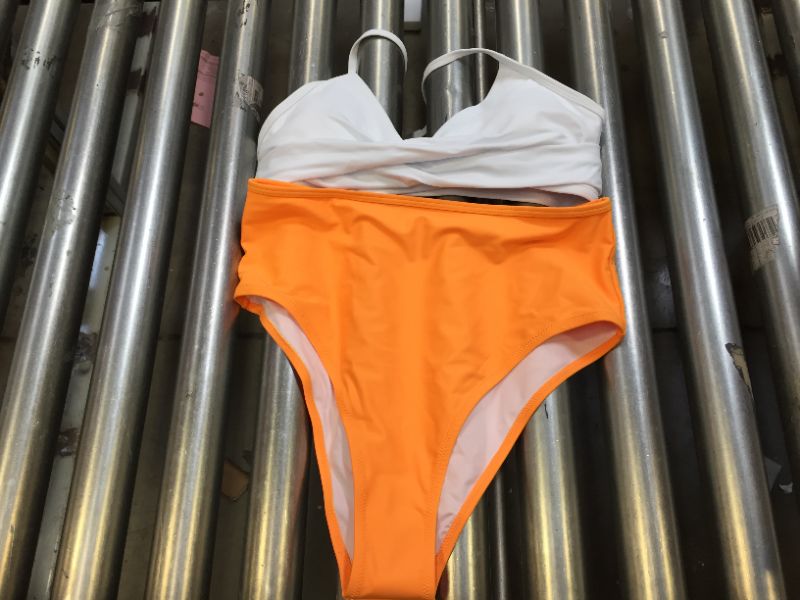 Photo 2 of Solid White Bikini With Orange High Waisted Bottom size L 
