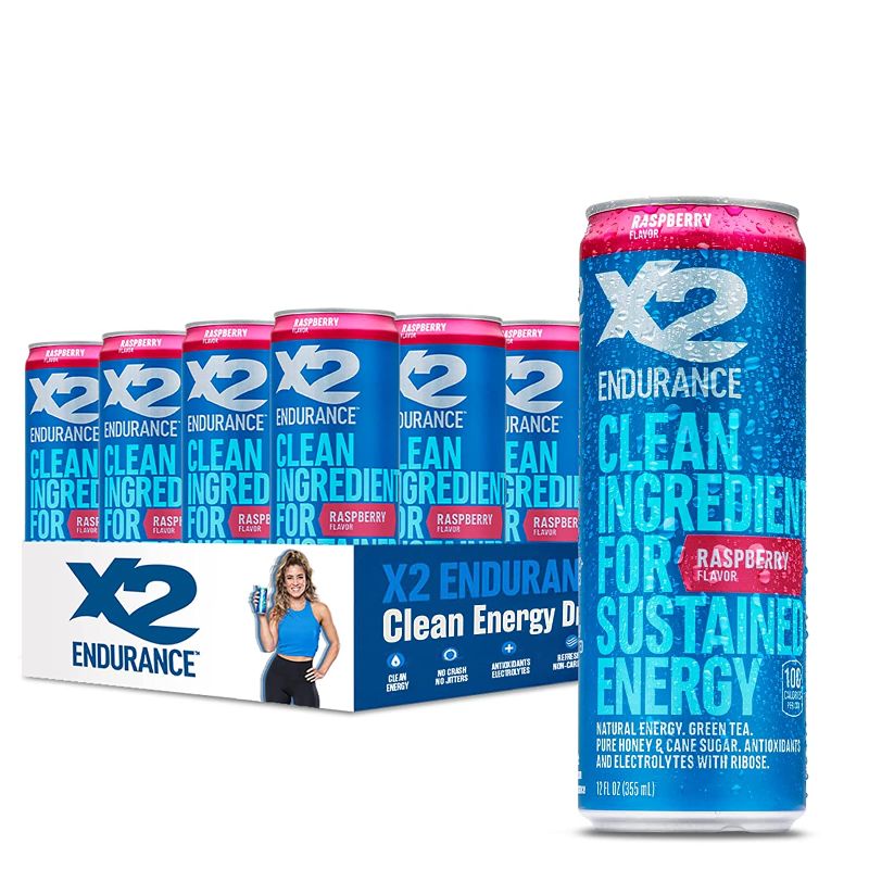 Photo 1 of X2 Clean Energy Drink - Sustained Energy for Sport & Fitness Endurance, Low Calorie & Low Sugar (Raspberry, Pack of 20)