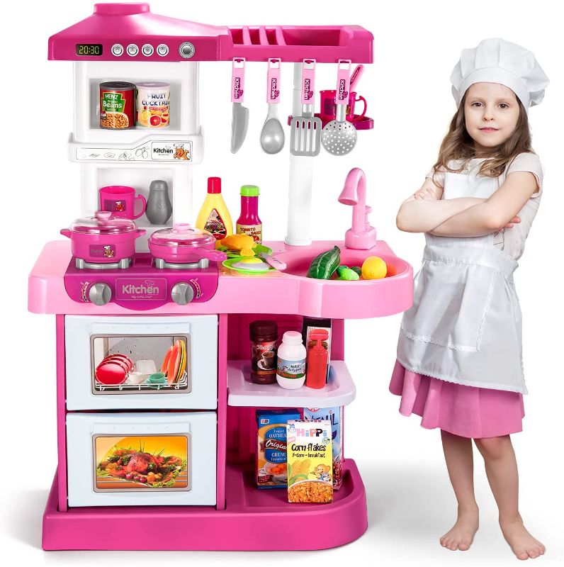 Photo 1 of Kitchen Playset Pretend Food - 53 PCS Pink Kitchen Toys for Toddlers, Toy Accessories Toddler Set w/ Real Sounds and Light, Toddler Outdoor Playset for Kids, Girls & Boys