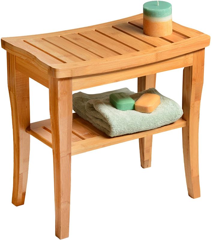 Photo 1 of Bamboo Shower Bench Spa Stool - Wood 2-Tier Seat, Foot Rest Shaving Stool with Non-Slip Feet + Storage Shelf, Organizer for Shampoo, Towels Shoes - for Bathroom, Living Room, Bedroom and Garden Decor
