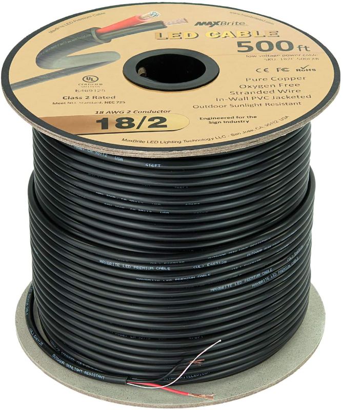 Photo 1 of 500 ft. 18AWG Low Voltage LED Cable, 2 Conductor, Outdoor Rated, Black Sleeve in-Wall Speaker Wire UL/cUL Class 2, Sunlight Resistant
