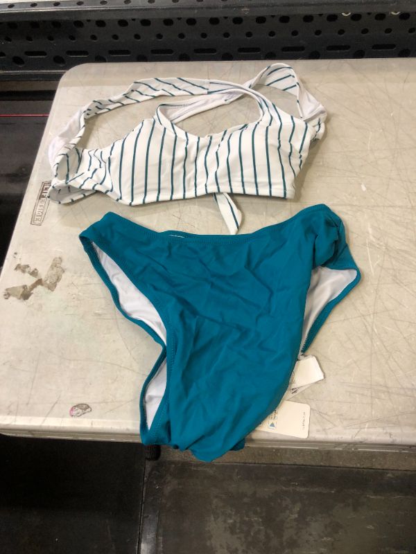 Photo 2 of CUPSHE Teal Solid And Striped High Waisted Bikini---LARGE---
