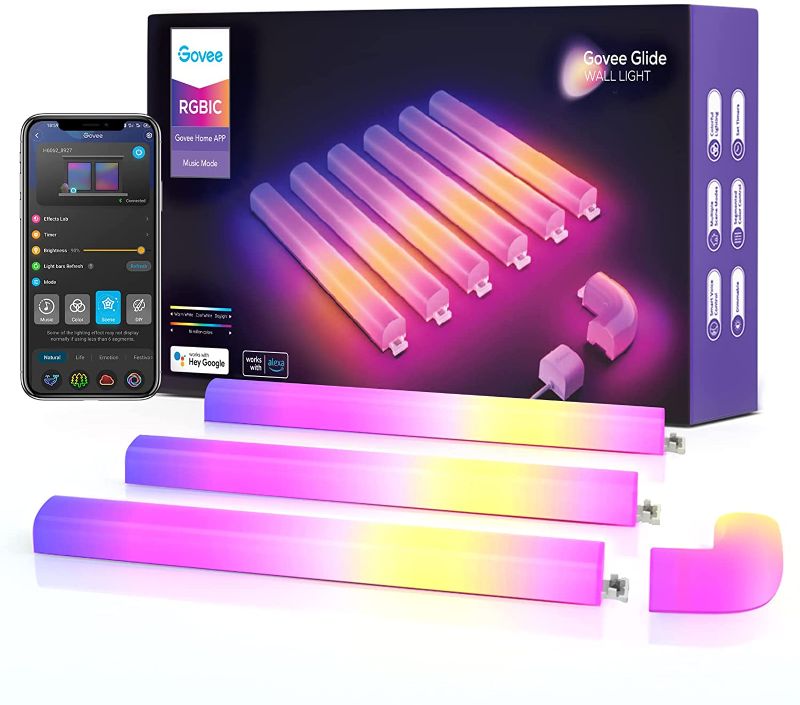 Photo 1 of Govee Glide RGBIC Smart Wall Light, Multicolor Customizable, Music Sync Home Decor LED Light Bar for Gaming and Streaming, with 40+ Dynamic Scenes, Alexa and Google Assistant, 6 Pcs and 1 Corner
