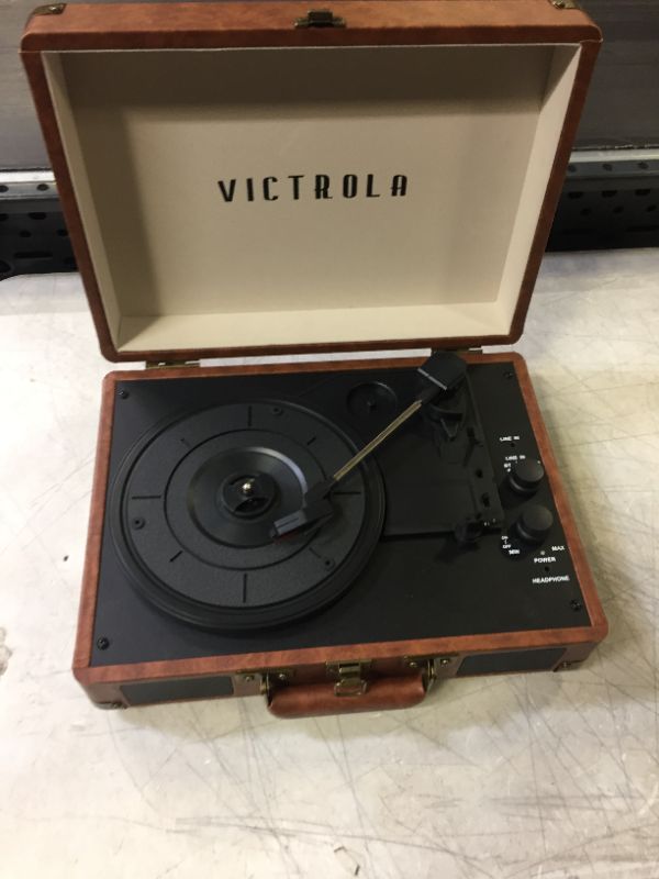 Photo 3 of Victrola All-in-1 Bluetooth Record Player with Built in Speakers and 3-Speed Turntable Mahogany (VTA-65-MAH)---MISSING POWER CORD---COULD NOT TEST---
