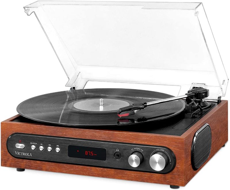 Photo 1 of Victrola All-in-1 Bluetooth Record Player with Built in Speakers and 3-Speed Turntable Mahogany (VTA-65-MAH)---MISSING POWER CORD---COULD NOT TEST---
