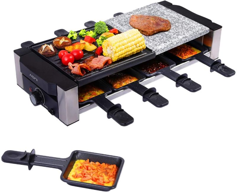 Photo 1 of AONI Raclette Table Grill, Electric Indoor Grill Korean BBQ Grill, 1200W Removable 2-in-1 Non-Stick Grill Plate and Cooking Stone, Ideal for Parties with 8 Cheese Melt Pans

