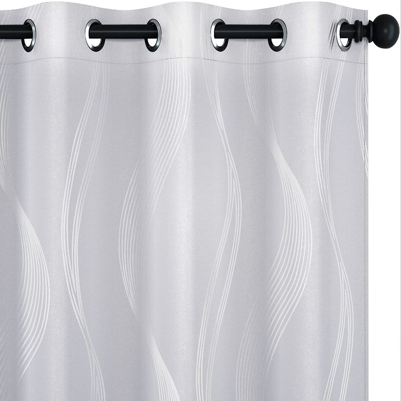 Photo 1 of Deconovo Blackout Curtains, Wave Foil Print Thermal Insulated Grommet Window Drapes, Bedroom Curtains, Light Greyish White, 52x95 Inch, 2 Panels
