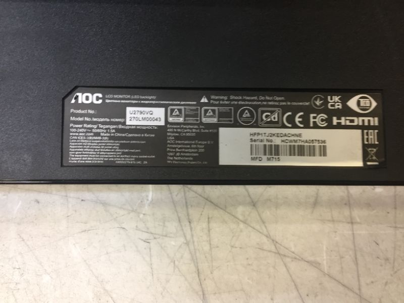 Photo 9 of AOC U2790VQ 27" 4K 3840x2160 UHD Frameless Monitor, IPS, 5ms, 1 Billion+ Colors, 108% sRGB, VESA---DISPLAY/SCREEN IS DAMAGED---
