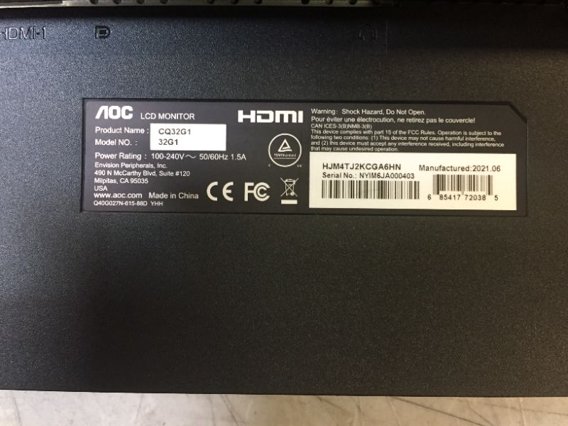 Photo 1 of AOC CQ32G1 31.5" Curved Frameless Gaming Monitor, Quad HD 2560x1440, VA panel, 4 ms Response Time, MPRT, 144Hz, FreeSync, DisplayPort/HDMI/VGA, VESA, Black
