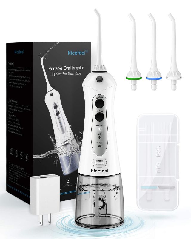 Photo 1 of Cordless Water Flosser Teeth Cleaner, Nicefeel 300ML 2 Tip Cases Portable and USB Rechargeable Oral Irrigator for Travel, IPX7 Waterproof, 3-Mode Water Flossing with 4 Jet Tips for Home
