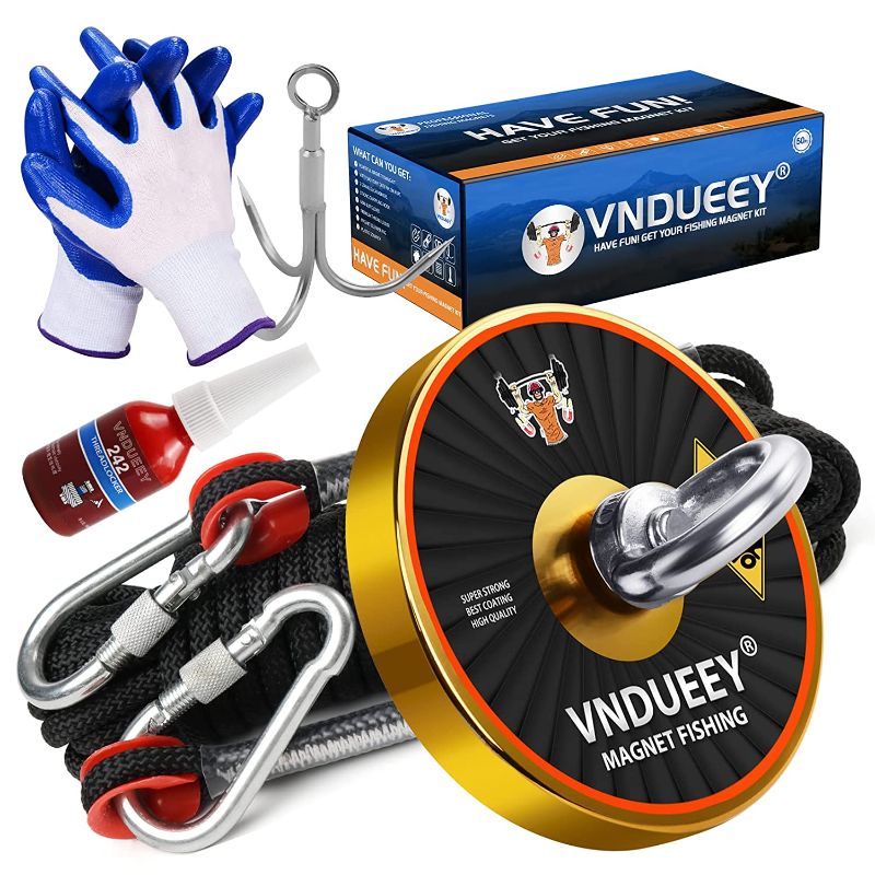Photo 1 of 1000lbs Fishing Magnets N52 Magnet Fishing Kit with 50Ft Nylon Rope,2 Stainless Carabiners, Grappling Hook, Non-Slip Gloves, Thread Locker, Cleaner Rag, Plastic Scraper - 3.54'' Large Fishing Magnet
