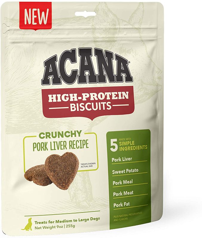 Photo 1 of ACANA Crunchy Biscuits Dog Treats, Pork Liver Recipe, High Protein, Large 9oz 2 pack expires 07/May/2022