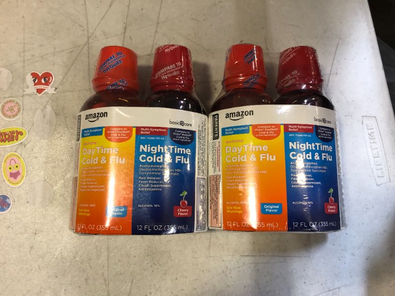 Photo 2 of Amazon Basic Care Daytime & Nighttime Cold & Flu Relief; Cold Medicine Combination Pack, 24 Fluid Ounces 2 pack expires 07/2022
