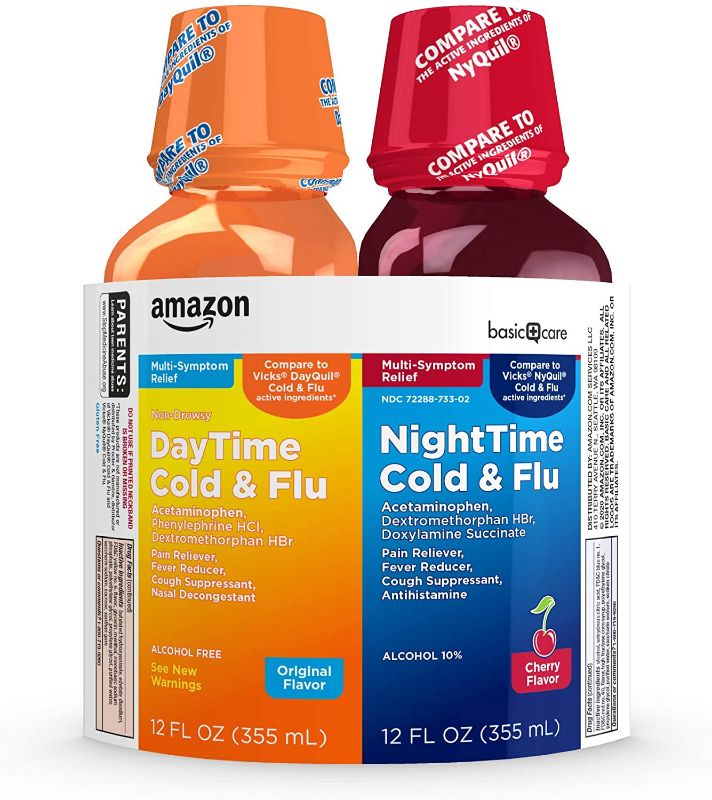 Photo 1 of Amazon Basic Care Daytime & Nighttime Cold & Flu Relief; Cold Medicine Combination Pack, 24 Fluid Ounces 2 pack expires 07/2022
