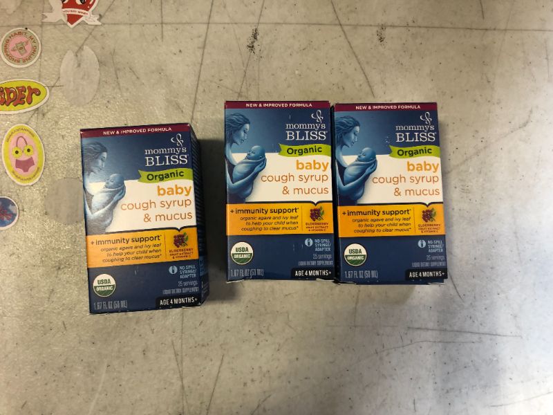 Photo 1 of Mommy's Bliss Organic Baby Cough Syrup and Mucus + Immunity Support, Contains Organic Agave and Ivy Leaf, Made for Babies 4 month+, 1.67 Fluid Ounces 3 pack expires 11/2023
