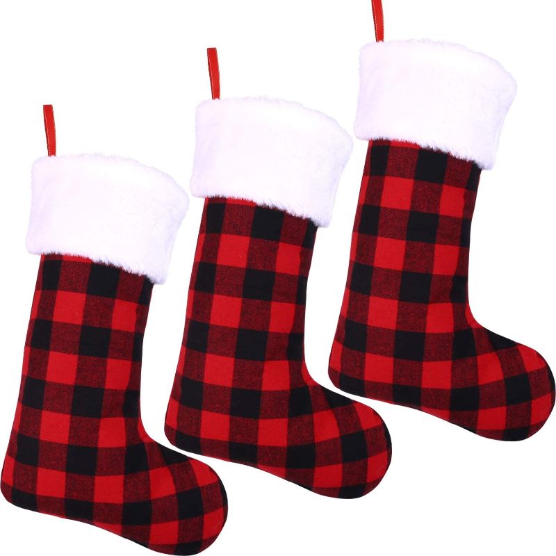 Photo 1 of ANECO 3 Pack Christmas Stockings 18 Inches Black Red Buffalo Plaid Christmas Stockings with Plush Faux Fur Cuff for Holiday Home Decorations
