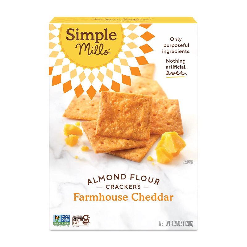 Photo 1 of 2 Pack Simple Mills Almond Flour Crackers, Farmhouse Cheddar, Gluten Free, Flax Seed, Sunflower Seeds, Corn Free, Low-Calorie, Nutrient Dense, 4.25oz, Pack of 1 Exp--01-19-2022
