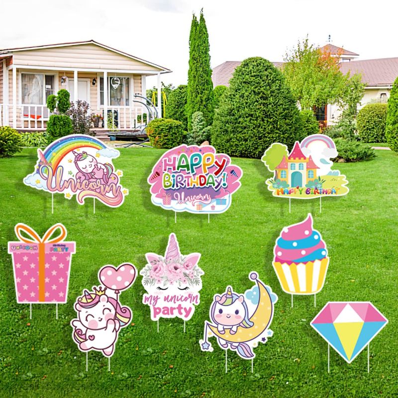 Photo 1 of CiniQy 9PC Birthday Sign Happy Birthday Yard Sign with Stakes Unicorn Lawn Decoration Kids & Adults Unicorn Yard Signs Birthday Party Decorations
