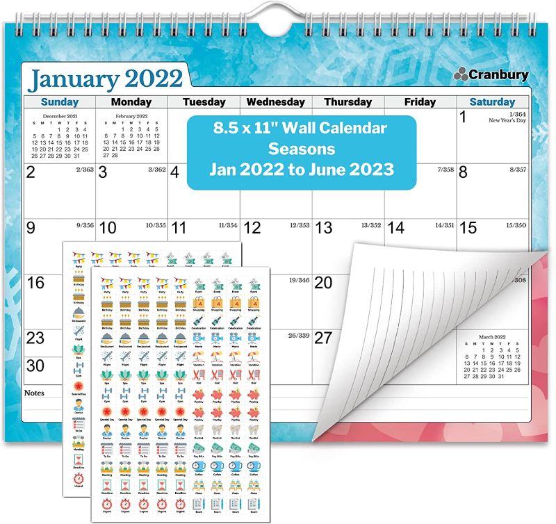 Photo 1 of CRANBURY 8.5x11 Wall Calendar 2022-2023 - (Seasons), Use Small Wall Calendar Now to June 2023, as Desk Calendar or Hanging Calendar, Colorful Seasonal Designs, Includes Stickers
