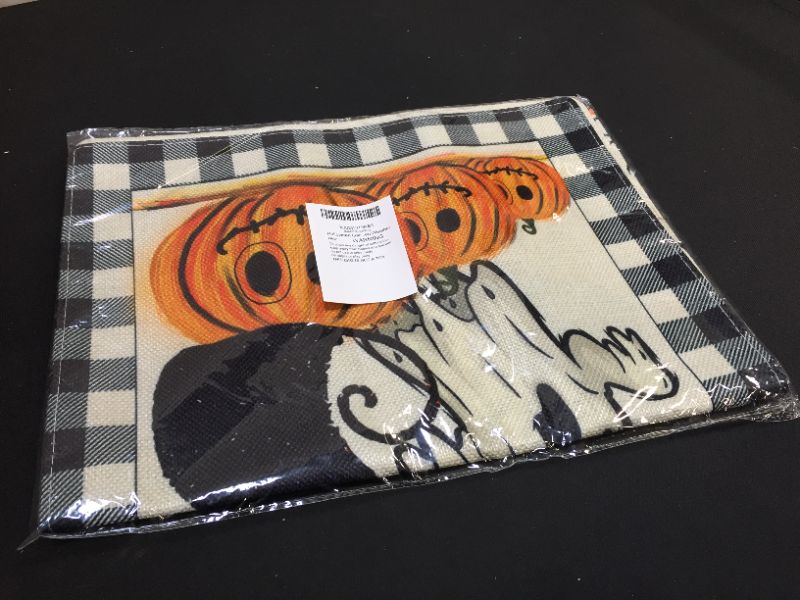 Photo 2 of  2Pcs Halloween Garden Flags 12 x 18 Double Sided Burlap Trick or Treat Buffalo Plaid Pumpkin Cat Ghost Gnome Welcome