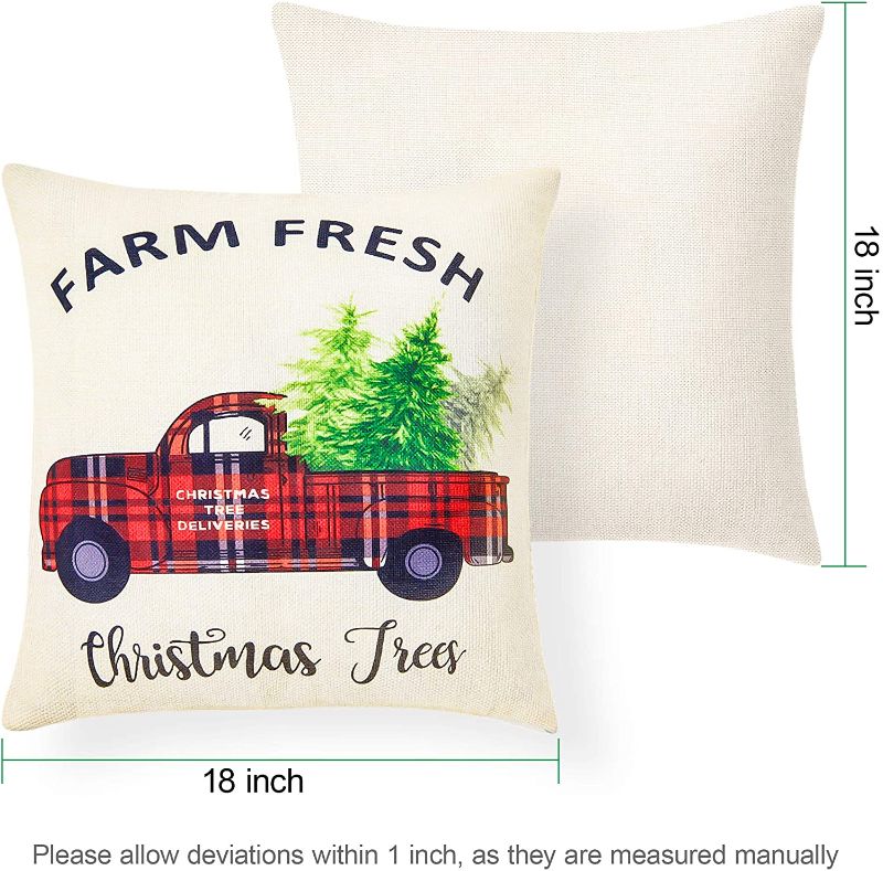 Photo 2 of BININBOX Christmas Pillow Covers 4 Set 18x18 Inches Linen Christmas Decoration Throw Pillow Covers Red Buffalo Plaid Red Truck Green Plaid Santa Deer Cushion Pillowcase
