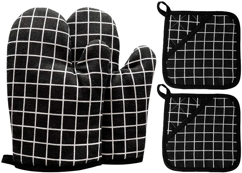 Photo 1 of 2 Oven Mitts and 2 Pot Holders Set, Soft Fabric Lining with Non-Slip Surface, Heat Resistant Kitchen Microwave Gloves for Baking Cooking Grilling BBQ (Black)
